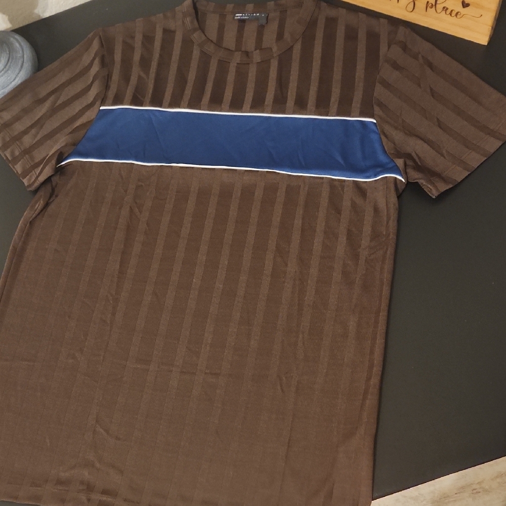 ASOS Brown Striped Short Sleeve with Blue Accent